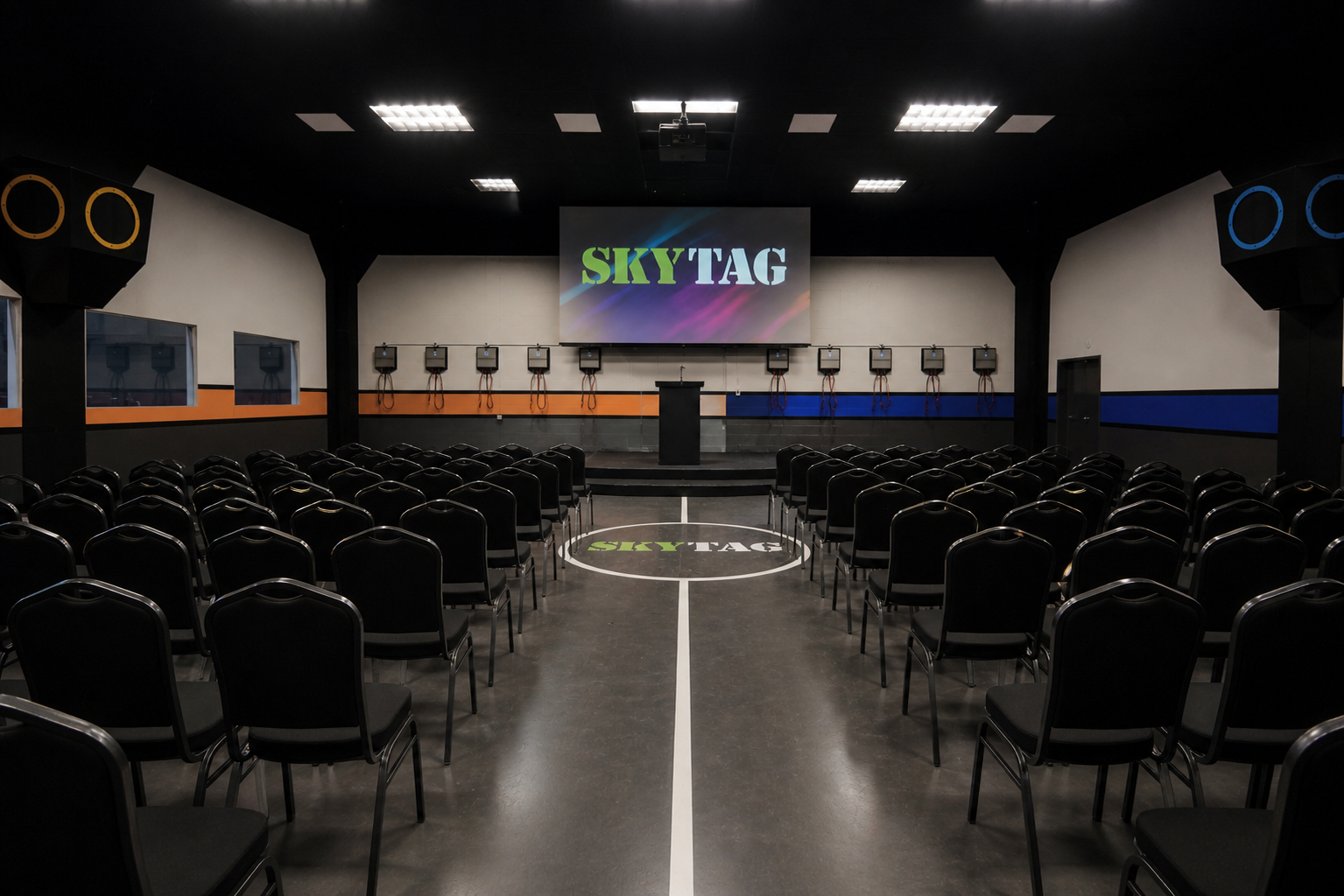 SkyTag private meeting and party room set up with theatre seating for corporate team-building events in Dollard-Des-Ormeaux